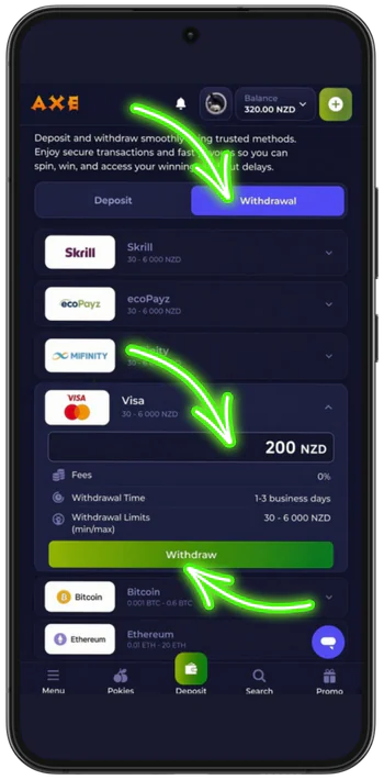 Fast visa withdrawal screen with zero fees