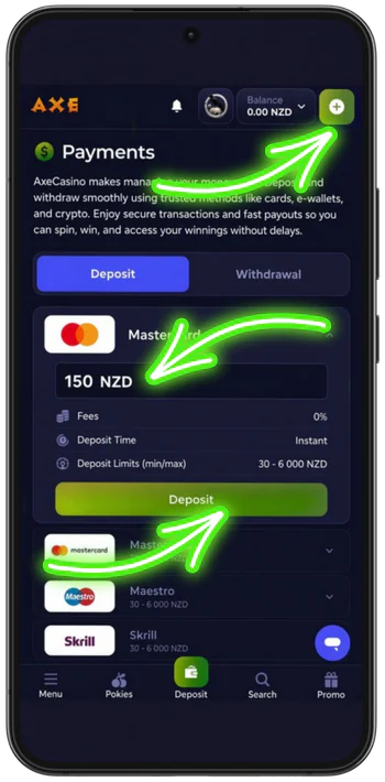 Mastercard deposit screen
