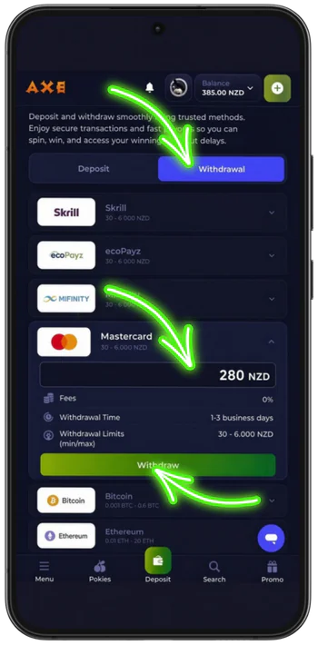 Mastercard withdrawal screen