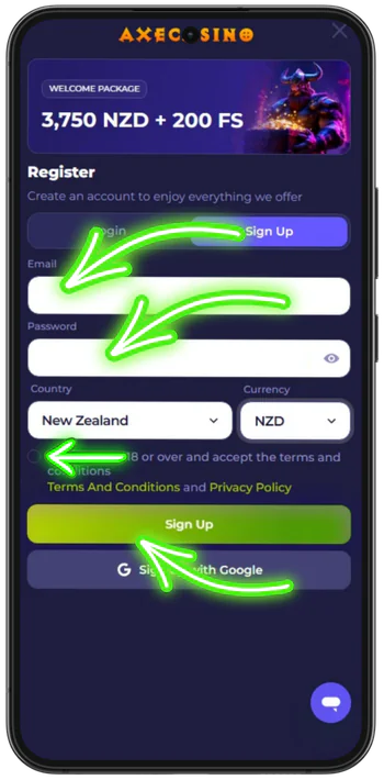 Sign up form at fast payout casino