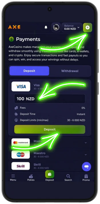 Visa deposit screen with NZD limits